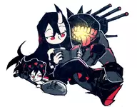 2girls abyssal artist:setz battleship_water_oni black_hair book colored food horn isolated_island_oni kantai_collection long_hair reading red_eyes // 977x763 // 686KB