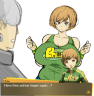 1boy 1girl artist:pogeaux chie_satonaka colored colorist:miqotefag huge_breasts persona persona_4 text yu_narukami // 1408x1429 // 1.1MB