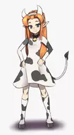 1girl artist:lisden bell blue_eyes collar colored cow_print horns long_hair majora's_mask orange_hair pointy_ears romani smile tail the_legend_of_zelda // 547x1000 // 183KB