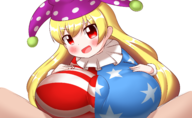 1girl artist:skeleton blonde_hair clownpiece hat oppai_loli paizuri red_eyes touhou // 3250x2000 // 2.3MB