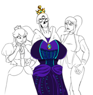 3girls artist:scorndude crown dark_samus dress huge_breasts metroid princess_peach samus_aran super_mario zero_suit // 2870x2928 // 1.6MB