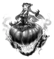 1girl abyssal black_hair gloves hair_bun jack-o'-lantern kantai_collection light_cruiser_oni long_hair monochrome pumpkin smile // 1088x1186 // 278KB