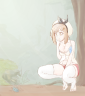 1girl artist:evilvileveil atelier_(series) atelier_ryza brown_eyes brown_hair cleavage colored hat reisalin_stout squat thinking // 735x825 // 396KB