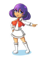 1girl artist:triggerdex blue_eyes boots chibi colored dark_skin pokemon pokemon_xy purple_hair sina // 466x600 // 121KB