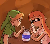 1boy 1girl artist:pickleparfait blonde_hair bottle drinking hat inkling inkling_girl link lon_lon_milk milk orange_eyes pointy_ears purple_eyes splatoon straw super_smash_bros super_smash_bros._ultimate table the_legend_of_zelda tunic young_link // 3378x3000 // 1.1MB