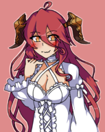 1girl ahoge artist:mellie blush cleavage dragalia_lost dragon_girl dress horns mym red_hair wedding_dress yellow_eyes // 1451x1819 // 1.2MB