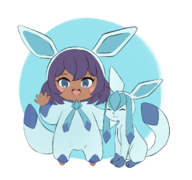 artist:unknown blue_eyes dark_skin glaceon happy kigurumi pokemon purple_hair sina waving // 1240x1162 // 422KB