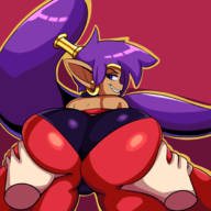 1girl artist:iggy_bomb ass blue_eyes colored dark_skin disembodied_hand earrings grin looking_back pointy_ears ponytail purple_hair shantae shantae_(series) wayforward // 2000x2000 // 930KB