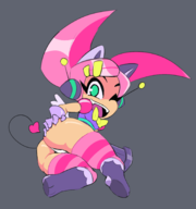 1girl animal_ears ass bow cat_girl_without_salad colored fangs gloves green_eyes hair_clip kebako panties pink_hair striped_stockings tail thick_thighs thigh_highs twintails wings wink // 1680x1795 // 522KB