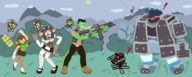 2boys 4girls alligator anthro artist:runebrave chao chocolait_edelweiss colored cow cowgirl drone fighting glasses gun maid monkey monkey_girl murdoch_birch oc pandan_jasmine pawn rifle robot scalie simple_background sonic_chronicles // 2500x1000 // 121KB