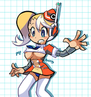 artist:massivetilesale blush call call_e colored mighty_no._9 text underboob wardrobe_malfunction // 1012x1087 // 369KB