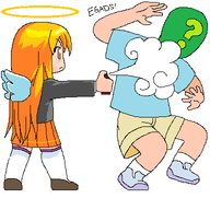 1boy 1girl angel anon blonde_hair brown_eyes colored degrees_of_lewdity halo long_hair oc pepper_spray skirt text wings // 384x384 // 14KB