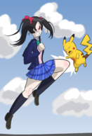 1girl anime black_hair bow colored crossover kneeing love_live! nico_yazawa pikachu pokemon red_eyes skirt twintails // 2104x3092 // 3.2MB
