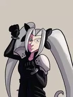 1boy alternate_hairstyle cat_pose colored final_fantasy final_fantasy_vii green_eyes grey_hair sephiroth twintails // 1668x2224 // 394KB