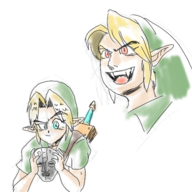 1boy blonde_hair blue_eyes colored fangs hat jojo's_bizarre_adventure link majora's_mask mask pointy_ears red_eyes the_legend_of_zelda tunic young_link // 500x500 // 222KB