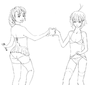 2boys ahoge back braid bulge condom echo echo_(mobius_final_fantasy) emma_millstein final_fantasy from_behind legend_of_heroes looking_at_viewer looking_back mobius_final_fantasy panties rule_63 shirt_lift short_hair skirt // 1125x1000 // 194KB