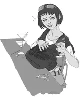 1girl chair cup drunk glasses greissle greyscale ichiko_ohya looking_at_viewer monochrome persona persona_(series) persona_5 short_hair sitting wine // 854x1011 // 86KB