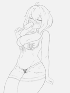 1girl artist:unknown bikini blush eating fire_emblem ice_cream monochrome morgan navel popsicle shorts // 1200x1600 // 372KB
