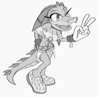 1girl anthro artist:B333SSS artist:crocface breasts crocodile jean_shorts midriff mobian monochrome ori_and_the_blind_forest peace_sign short_shorts shorts sonic_(series) winking // 787x777 // 151KB