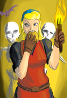 artist:harrace burger cadence colored crypt_of_the_necrodancer eating fire skeleton torch // 673x982 // 500KB