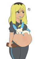 1girl 1other annoyed artist:unknown beer bely breasts colored fat happy holding holding_object hoodie huge_breasts lipstick looking_to_the_side minun obese pants pokemon smile smiling tagme unamused // 1292x1858 // 612KB