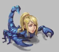 1girl artist:kujalla blonde_hair blue_eyes metroid ponytail samus_aran scorpion solo transformation what // 2000x1777 // 1.3MB
