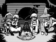 3girls artist:marielx campfire darkest_dungeon mabinogi maid parody player_character sitting skull // 800x600 // 137KB