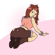 1girl artist:artisano ass boots bracelet braclet brown_hair colored connie coriander from_behind kneeling looking_over_shoulder midriff on_knees skirt steambot_chronicles surprised // 803x800 // 154KB