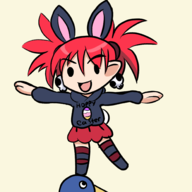 1girl artist:iggy_bomb black_eyes bunny_ears chibi colored disgaea earrings easter etna happy_easter hoodie pointy_ears prinny red_hair striped_stockings thigh_highs twintails // 2000x2000 // 737KB