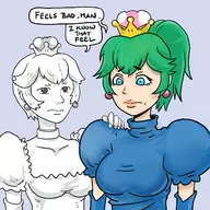 2girls artist:bishopbb blue_eyes crown dress earrings elbow_gloves genderbend gloves green_hair pepe personification ponytail rule_63 sad short_hair speech_bubble super_crown super_mario text white_hair wojak // 1600x1600 // 443KB