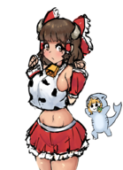 artist:triggerdex blush colored costume cow_print huge_breasts marisa_kirisame midriff reimu_hakurei shark sideboob // 649x899 // 346KB