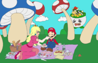 1girl 2boys alchohol artist:unknown blonde_hair blue_eyes blush bowser cake condom crown crying drink food hat heart_pupils mario meatballs mushroom mustache picnic princess_peach super_mario tongue_out vehicle // 1546x1000 // 681KB