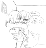 1boy 1girl artist:chaikodog blush cum futa_on_male futanari huge_penis idolm@ster penis precum sachiko_koshimizu short_hair speech_bubble sweat text thigh_highs // 1240x1306 // 423KB