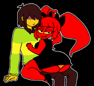 1boy 1girl artist:bunnifuljoe ass deltarune fang huge_ass kris looking_at_viewer looking_back mesugaki mesugaki_soul panties pantyshot personification sitting sitting_on_lap smile smiling smug soul_(deltarune) twintails yellow_eyes // 896x826 // 48KB