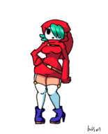 1girl ankel_boots artist:bluecollectorbananafan boots colored garterbelt green_hair hood long_sleeves mask shy_gal super_mario thigh_highs // 662x822 // 145KB