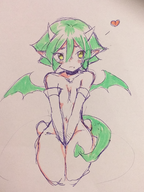 1girl colored draco_centauros elbow_gloves embarrassed fang gloves green_hair heart horns nude pointy_ears puyo_puyo short_hair skin_fang tail tears traditional_medium wings yellow_eyes // 3096x4128 // 12MB