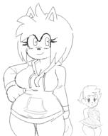 2girls amy_rose artist:2x blush cosplay dress kumatora looking_at_viewer mother_(series) mother_3 sketch smile sonic_(series) sweater // 460x582 // 16KB