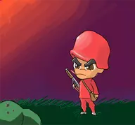 1boy advance_wars brown_eyes chibi cigarette gun helmet infantry smoking sunset weapon // 432x402 // 32KB