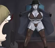 1boy 1girl artist:kurimu black_hair blonde_hair blue_eyes blush bra colored gloves gun hat leon_s._kennedy lingerie long_hair mr._x panties resident_evil resident_evil_2 rule_63 short_hair sweat t-00 thigh_highs weapon // 3500x3042 // 2.9MB