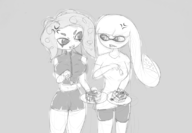 2girls angry food fork inkling monochrome octoling pancakes sharp_teeth spats splatoon waffles // 829x573 // 178KB