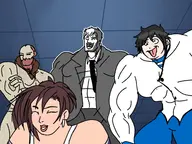 1girl 3boys artist:juju devil_survivor devil_survivor_2 final_fantasy hibiki_kuze hotel_dusk_room_215 kyle_hyde laughing meta parody scorn_guy tifa_lockhart // 2560x1920 // 1.5MB