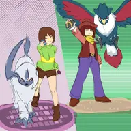 2boys absol artist:unknown chara clover crossover honchkrow pokemon undertale undertale_yellow wip // 3000x3000 // 1.1MB