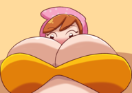 1girl alternate_breast_size artist:iggy_bomb bandana black_eyes brown_hair colored cooking_mama_(series) huge_breasts looking_at_viewer looking_down mama parody // 2000x1403 // 386KB