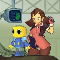 1girl artist:pogeaux computer mega_man_(series) mega_man_legends pen servbot tron_bonne wires // 2048x2048 // 904KB
