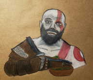 1boy artist:unknown eating god_of_war kratos oil_painting // 1100x945 // 1.9MB