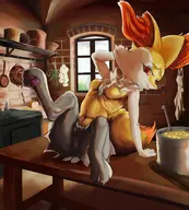 1girl artist:NoConcession braixen bread breasts bush crotch crotch_fluff furry garlic kitchen knife looking_at_viewer pan pokemon pot presenting seducing seductive seductive_eyes seductive_pose sitting solo soup table window // 2205x2450 // 584KB