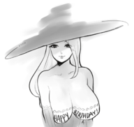 artist:eeebuns cleavage dragon's_crown happy_birthday huge_breasts sorceress text // 705x669 // 217KB