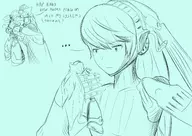 1boy 1girl crossover giantess labrys mega_man_(series) mega_man_x persona persona_(series) persona_4_arena ponytail shin_megami_tensei sketch text tiny zero // 3507x2480 // 1.6MB