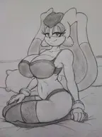 1girl anthro artist:unknown bedroom_eyes bra breasts cleavage furry gigantic_breasts greyscale hand_on_thigh huge_breasts kneeling lingerie looking_at_viewer monochrome seducing seductive seductive_eyes seductive_smile sitting sketch sonic_(series) thigh_highs traditional_medium vanilla_the_rabbit // 3000x4000 // 683KB