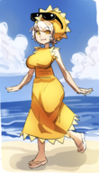 1girl artist:borvar background beach colored dress hat miyabi senran_kagura shades short_hair sundress sunglasses walking white_hair yellow_eyes // 725x1261 // 762KB